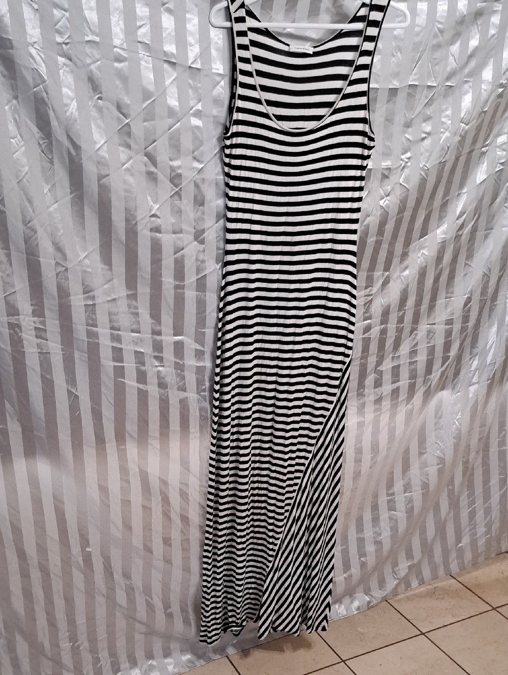 Calvin Klein Black and White Striped Tank Maxi Dress